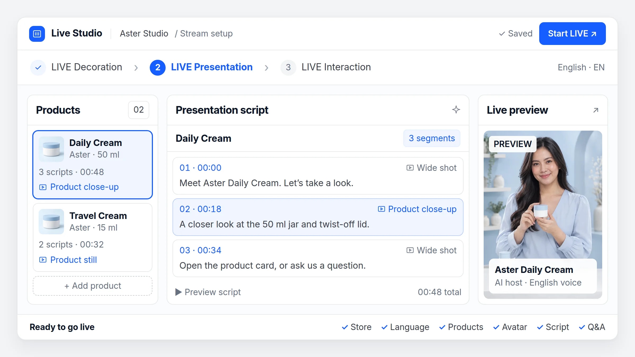 Live Studio stream setup console interface featuring product list, segmented presentation scripts, AI host live preview, and readiness checklist